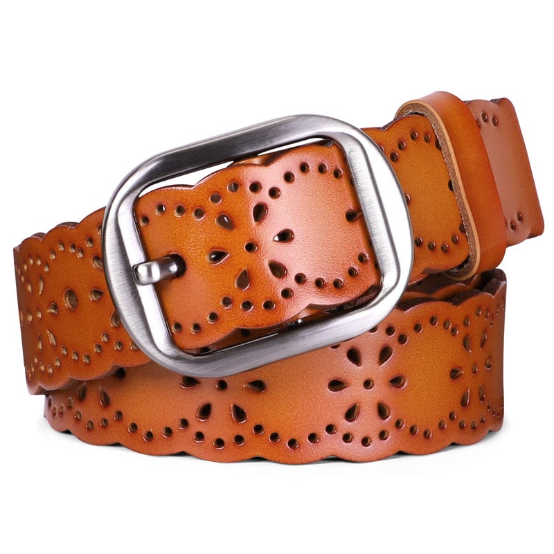 JASGOOD Women's Hollow Flower Genuine Leather Belt for Jeans Pants Wide Belt for Ladies - Image 1
